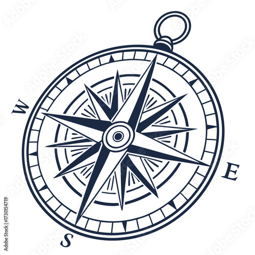 A classic navy blue and white graphic illustration of a vintage compass rose with cardinal directions marked for navigation and exploration purposes
