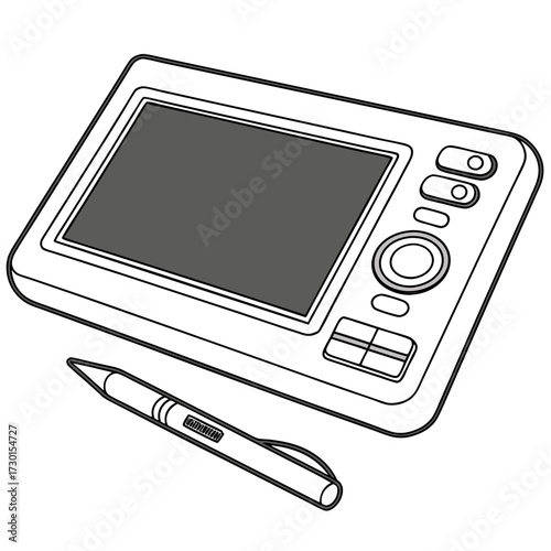 A clean line art illustration of a digital drawing tablet and stylus on a white background perfect for creative technology concepts
