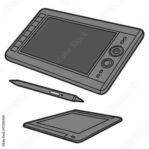A digital drawing tablet with stylus and a separate drawing surface are shown in a clean modern illustration against a white background