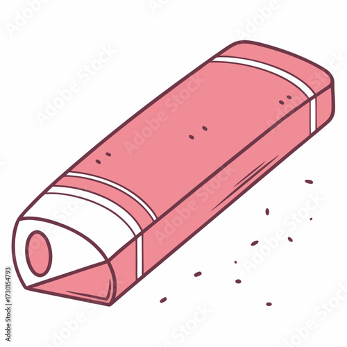 A simple pink eraser with white stripes and a beveled edge shown from a slightly elevated perspective with eraser shavings scattered around it on a white background