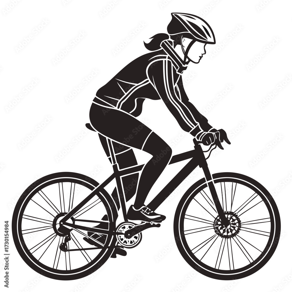 Naklejka premium Silhouette of a woman cyclist wearing a helmet and cycling gear riding a mountain bike with focus and determination on a white background