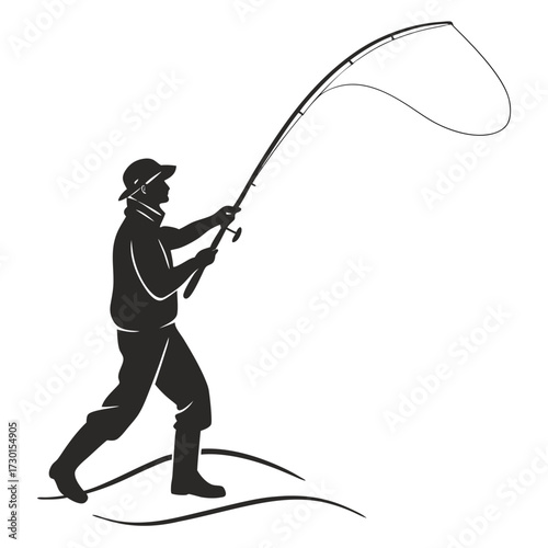 Silhouette of a fisherman wearing a hat and boots casting a fishing rod with a curved line representing the fishing line against a white background