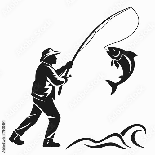 Silhouette of a fisherman wearing a hat and jacket actively reeling in a jumping fish with a fishing rod and line depicted against stylized waves on a white background
