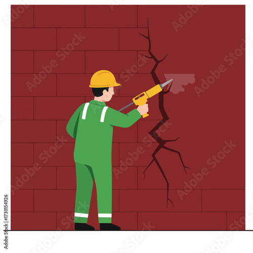 Worker repairing a crack in brick wall with caulk gun, wearing safety gear