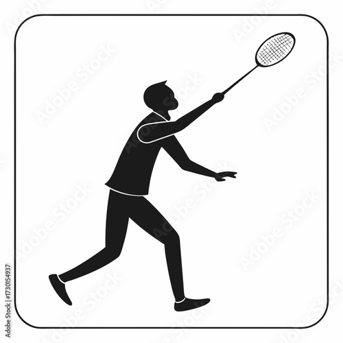 Silhouette of a person playing badminton swinging a racket to hit a shuttlecock in a dynamic action pose isolated on a white background within a rounded square frame