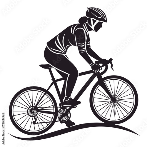 Silhouette of a female cyclist wearing a helmet and cycling gear riding a road bike with a dynamic flowing line beneath the wheels representing movement and speed