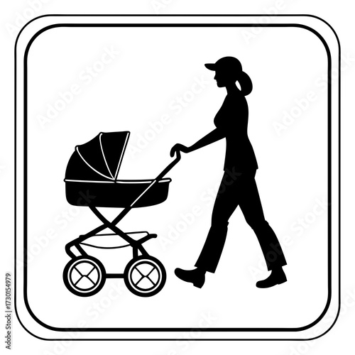 Silhouette of a woman wearing a baseball cap pushing a baby stroller a symbol indicating a family friendly area or a parent with child