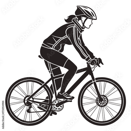 Silhouette of a woman cyclist wearing a helmet and cycling gear riding a mountain bike with focus and determination on a white background