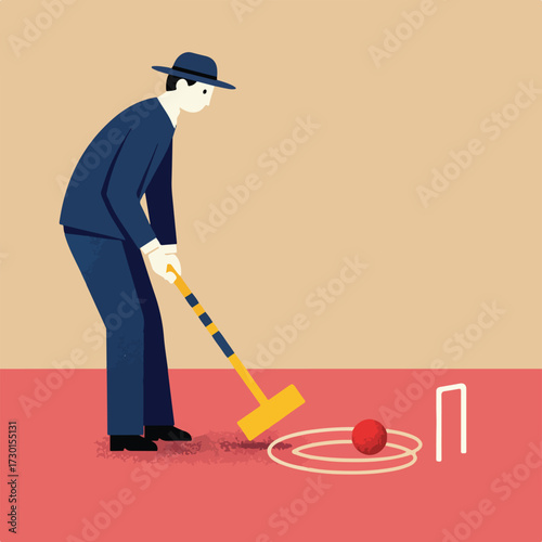 Man in suit plays croquet with mallet and ball near wicket, geometric design
