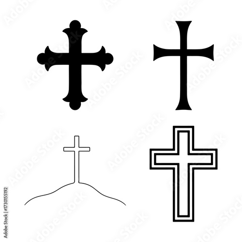 A silhouette of a crucifix on a black background, a symbol of religion and faith, bathed in light against the sky at sunset