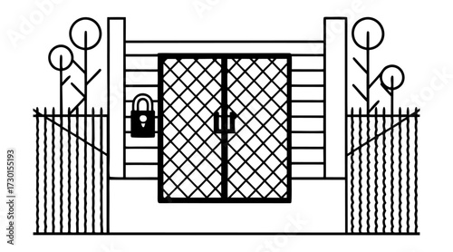Black vector silhouette of vintage wrought iron gate, fence, and window design for classic house architecture