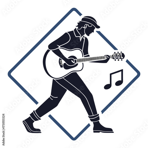 Silhouette of a man playing an acoustic guitar with musical notes in a diamond shape frame representing music and performance