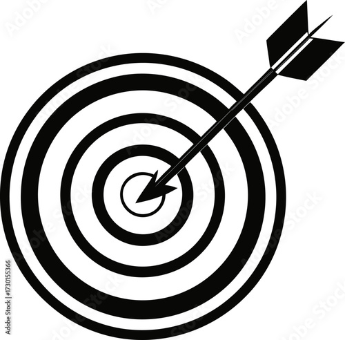 Target with arrow, vector line art icon, black and white, white background