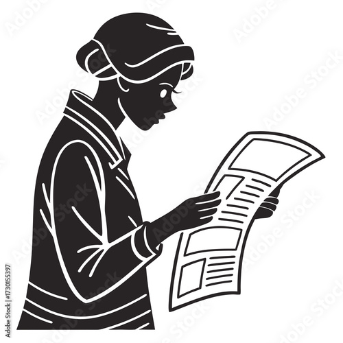 A stylized black and white silhouette of a woman wearing a hat and coat intently reading a newspaper with white outlines highlighting her features and clothing