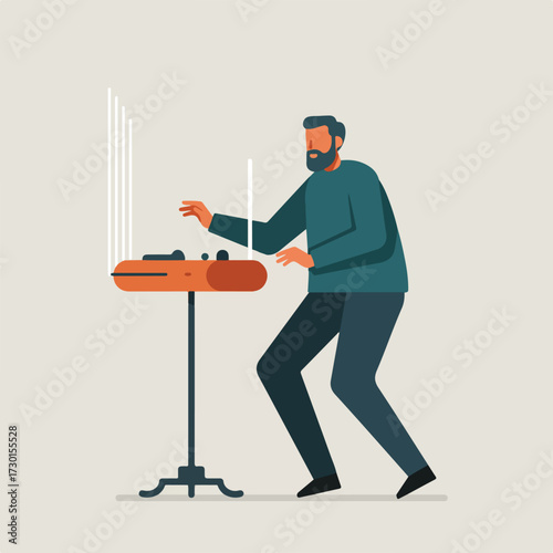 Man playing an electric musical instrument, standing with hands hovering