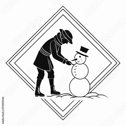 A person in winter clothing building a snowman with a carrot nose and top hat inside a decorative diamond frame on a snowy ground