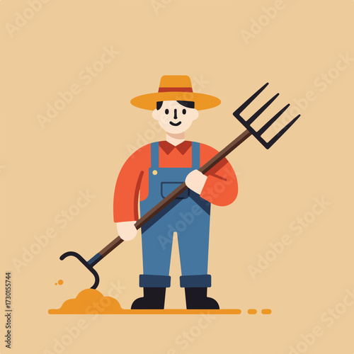 A cartoon farmer in overalls holds pitchfork and rake, in flat design