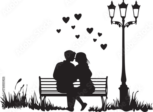 Romantic silhouette of a couple kissing on a park bench under a vintage lamppost with hearts