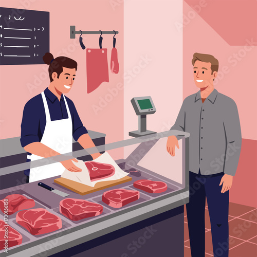 Butcher wrapping meat for a customer at a store, apron and scale