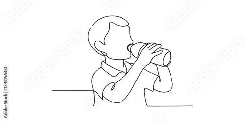 Minimalist one-line drawing of a young boy drinking water from a bottle, symbolizing hydration, healthy lifestyle, refreshment, childhood, and daily routine.