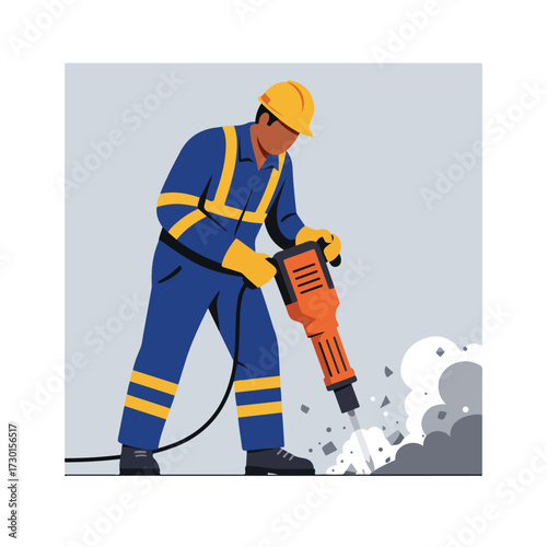 Construction worker uses a jackhammer to break concrete