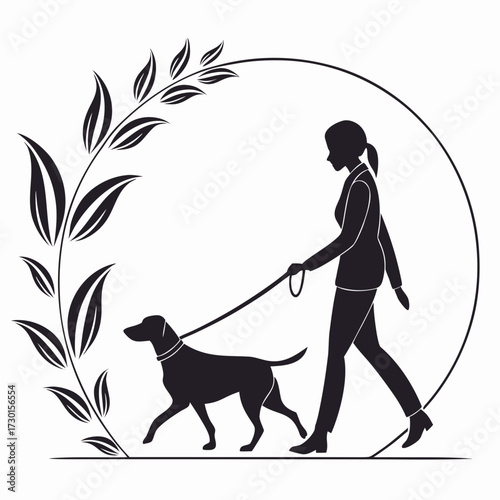 Silhouette of a woman walking her dog on a leash within a circular frame adorned with elegant leaves and floral elements symbolizing nature and companionship