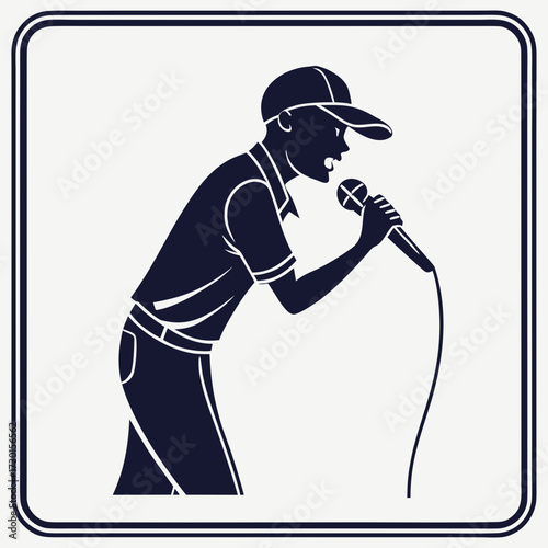 A stylized silhouette of a young person wearing a baseball cap and holding a microphone while singing or speaking with an open mouth depicted within a decorative border