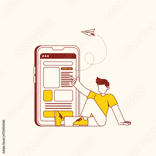 Illustration of Man Interacting with Smartphone Interface to Send Message