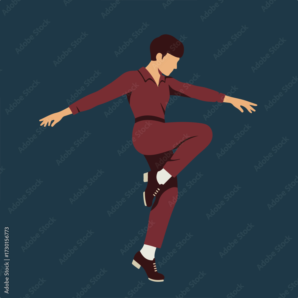 Obraz premium Retro dancer in burgundy suit, posed in mid-step against a dark blue background