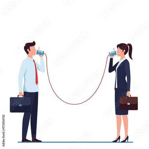 Two business professionals using tin cans and string to communicate across a distance.