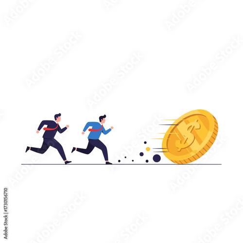 Two businessmen are chasing a large rolling gold coin with a dollar sign on it as it speeds away.