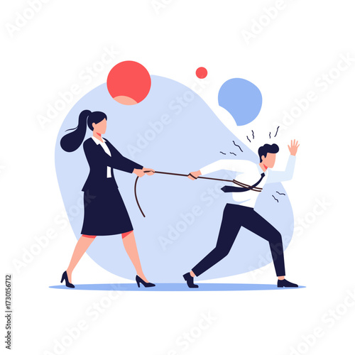 A woman in a suit pulls a man in a suit back with a rope while he is trying to run away.
