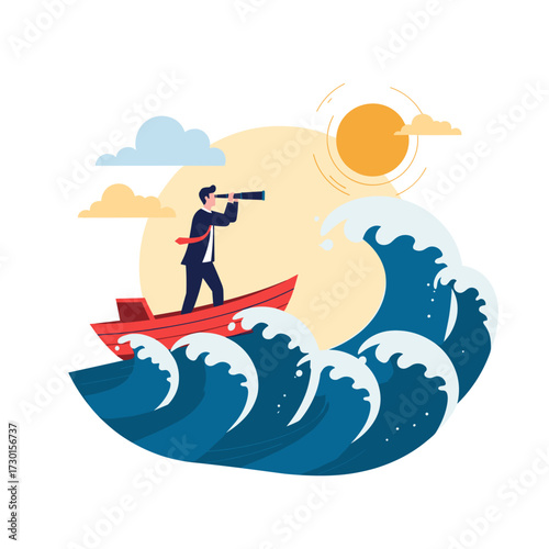 Businessman in a boat searching for opportunities on a stormy sea.