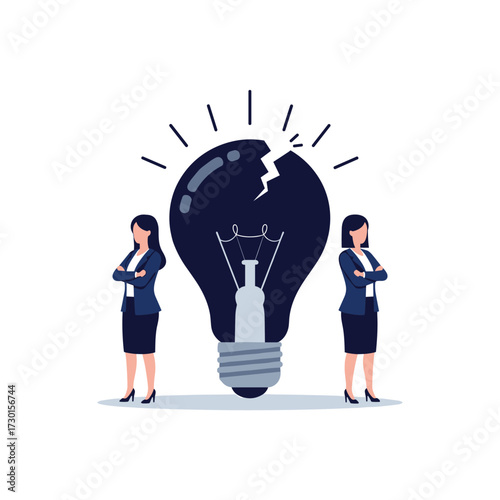 Two women standing on either side of a broken lightbulb representing a failed idea.