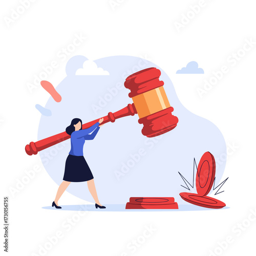 Woman smashing coins with a gavel symbolizing financial justice and recovery.