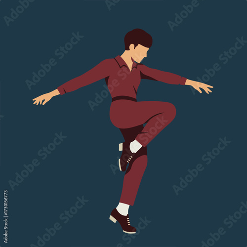 Retro dancer in burgundy suit, posed in mid-step against a dark blue background