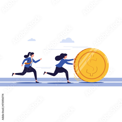 Two businesswomen chase a giant golden coin as it rolls away quickly on a blue striped surface.