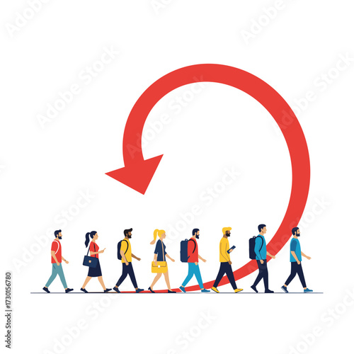 A group of diverse people walking in a line with a large red arrow forming a loop behind them.