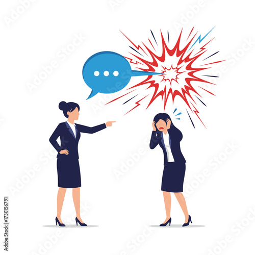 One businesswoman is verbally attacking another businesswoman who is covering her ears in distress.