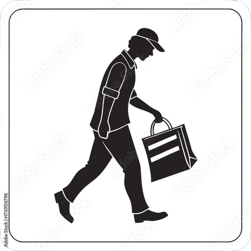 Silhouette of a person wearing a hat and carrying a shopping bag while walking representing consumerism and retail activities