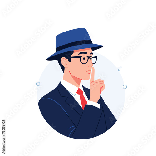 A man in a suit and hat makes a shushing gesture with his finger to his lips.