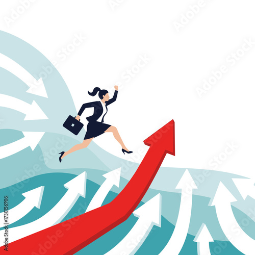 A determined businesswoman sprints forward on a rising red arrow signifying success and advancement in her career.