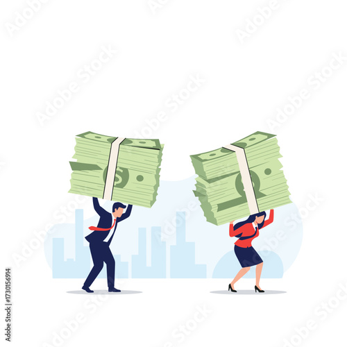 Two businesspeople are struggling to carry heavy stacks of money on their shoulders.