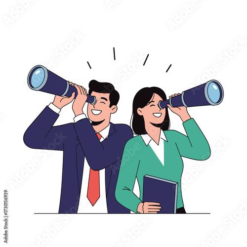 Two people with spyglasses looking into the distance with optimism and hope.