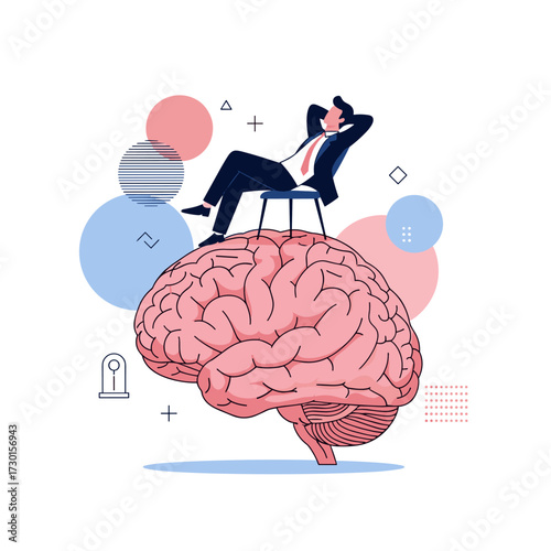 Businessman resting on a chair placed on a giant brain symbolizing mental relaxation and cognitive health.