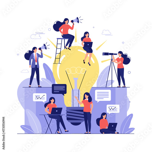 Illustrations of people collaborating and developing new ideas around a giant light bulb.