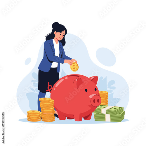 A woman is saving money by putting a coin into a piggy bank with stacks of coins and bills around her.