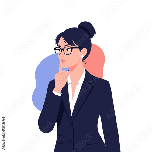 Professional woman in a suit with glasses signaling for quiet.