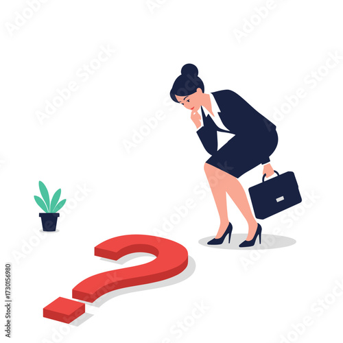 A thoughtful businesswoman ponders a giant red question mark on the floor.