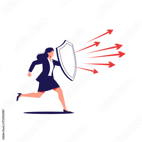 A determined businesswoman defends herself against multiple incoming threats with a shield.